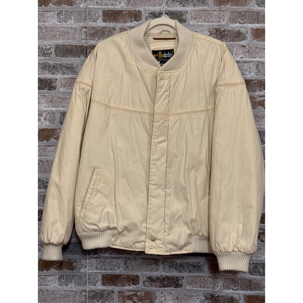 Derby of‎ San Francisco Vtg Cream Bomber Jacket XL Zip Front Ribbed Cuffs
